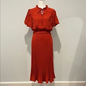 Burnt Orange Tie-Neck Pleated Midi Dress - Women's